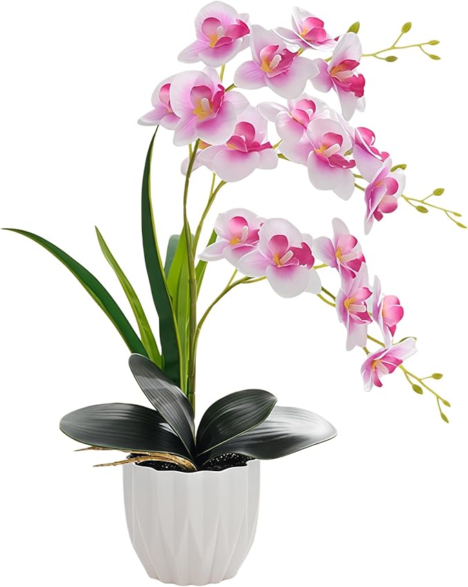 Artificial Orchid Potted Plant, White Purple Fake Orchid Flowers with White Pot, Bendable Faux Phalaenopsis Flower Arrangement for Home Office Table Centerpiece Wedding Party Bathroom Decor