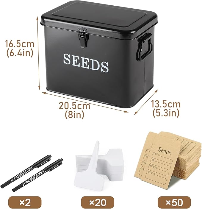 Seed Storage Organizer, T-Shape Compartment Seed Box with Safety Lock, Metal Seed Saving Box, Portable Seed Bin Container with Handle, Including 2 Pens 20 Plant Labels 50 Seed Envelopes-Black