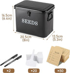 Seed Storage Organizer, T-Shape Compartment Seed Box with Safety Lock, Metal Seed Saving Box, Portable Seed Bin Container with Handle, Including 2 Pens 20 Plant Labels 50 Seed Envelopes-Black