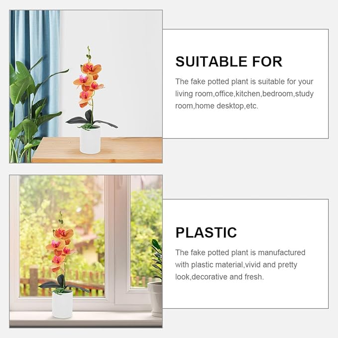 Artificial Potted Butterfly Orchid Faux Flowers 2pcs Orange Desktop Fake Potted Plant Realistic Orchid Bonsai Home Living Room Table Decor