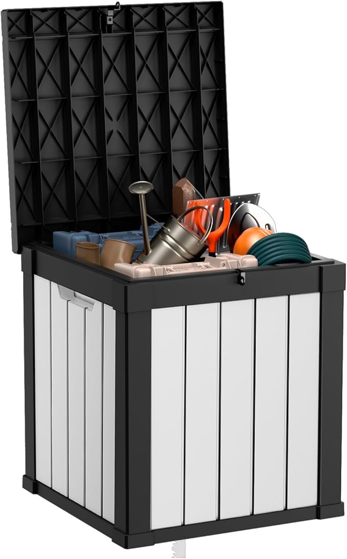 PatioZen 50 Gallon Resin Deck Box, Lockable Patio Outdoor Storage Box for Furniture, Garden Tools and Tools Storage, Waterproof Outside Storage Boxes - Black&White