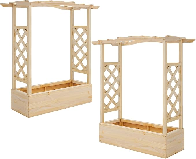 Giantex Set of 2 Raised Garden Bed with Sided Trellis & Hanging Roof, Wood Planter Box, Freestanding Garden Planter Raised Bed for Flowers Herbs Climbing Vines 44”x14”x45” (L x W x H)