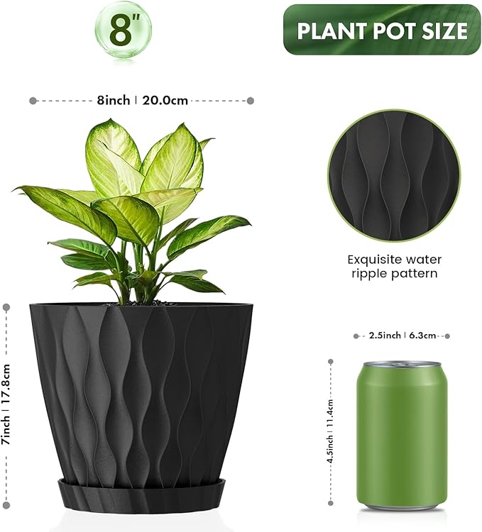 UOUZ 8 Inch Plant Pots, 2 Pack Plastic Planters for Indoor Outdoor with Drainage Holes & Saucers, Waffle Texture Flower Pots for Indoor Plants, Indoor Plant Pots for Monstera, Fiddle Leaf Fig, Black