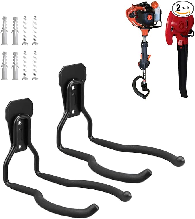 Garden Power Tool Hanger, Garage Wall Hooks, Weedeater Rack, String Trimmer Hanger, Utility Hooks for Garage Tool Organizers and Storage - Black, 2 Pcs