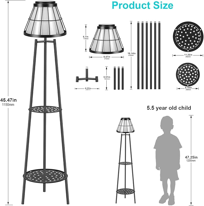 MXwcy 2-Tier Solar Plant Stand with Light, Modern Outdoor Floor Lamp with Classic Grid Lantern, Waterproof Tall Metal Planter Display Rack for Patio, Porch, Balcony, Garden Decor (2 Pack)