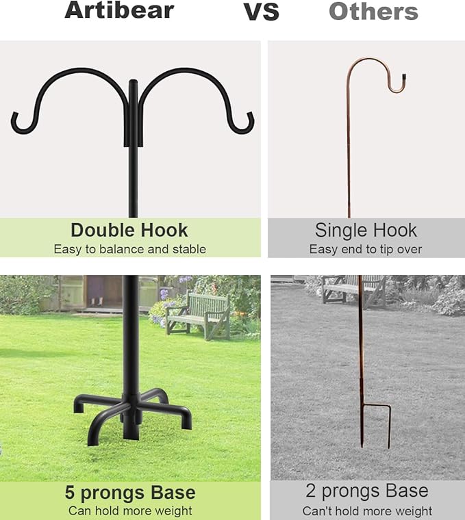 Artibear Double Shepherd Hooks for Outdoor, 76" Heavy Duty Bird Feeder Hangers Garden Hooks with 5-Prong Base, Outside Hanging Pole for Plant Baskets, Solar Light Lanterns, Wind Chimes, 1 Pack