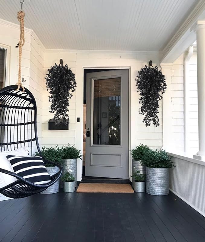 RECUTMS Hanging Artificial Plants Faux UV Resistant Flowers Bulk Outdoor Plastic Greenery for Party Home Wall Bedroom Window Hanging Planter Outside Decor Pack of 2 (Black)
