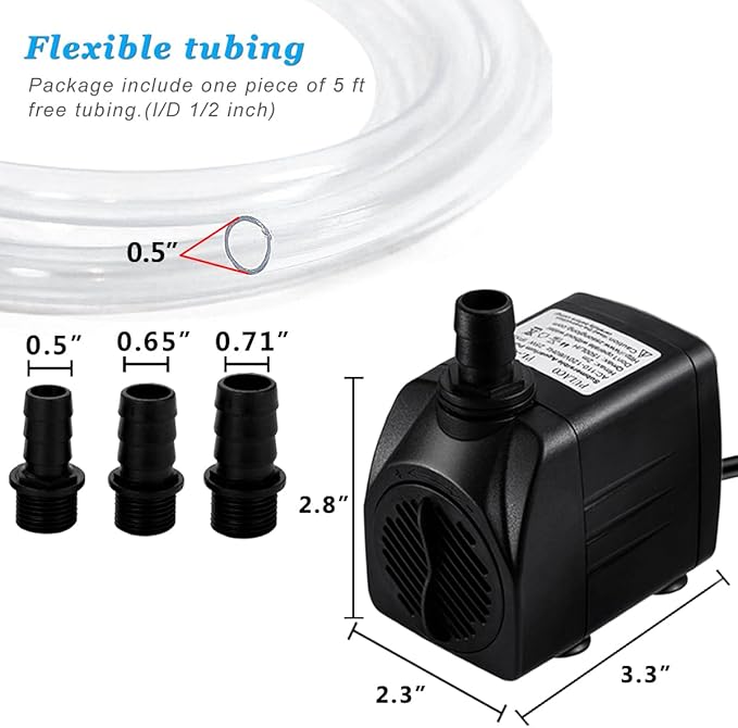 PULACO 400GPH Submersible Pump with 5 ft Tubing, (1500L/H 25W) durable fountain water pump for Pond Fountain, Aquariums Fish Tank, Statuary, Hydroponics