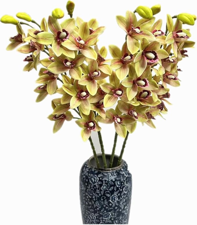 4pcs Artificial Cymbidium Orchid Flower Plant 3D Print Vanda 10 Heads Latex Phalaenopsis Flower (Green Yellow)