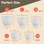 Campior Plastic Plant Pots with Drainage - Home Decor Flower Pot, Stackable Design for Indoor & Outdoor Use, Lightweight and Sturdy, Space-Saving, (7”, 6.6”, 6”, 5.3”, 4.8” Inches), Pack of 20, White