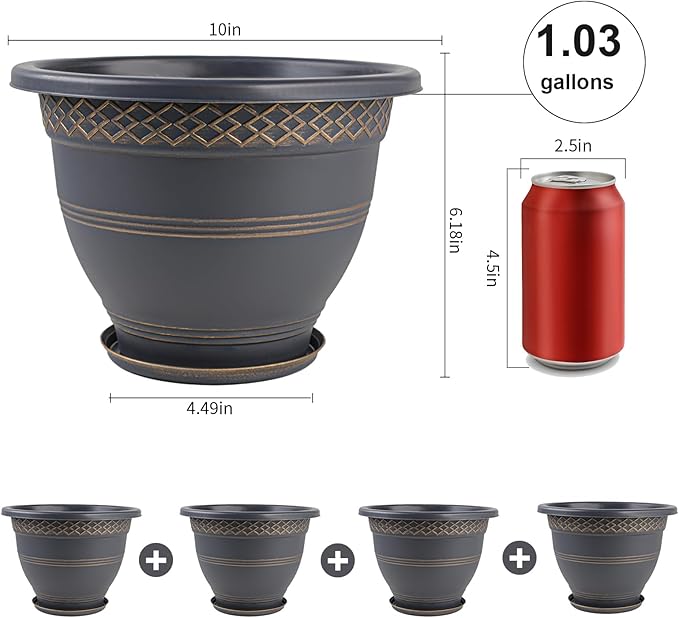 Usocik 10 Inch 4 Pack Plant Pots, Plastic Flower Pot for Indoor & Outdoor with Drainage Holes & Saucer, Plaid Pattern Planters Garden Pots for Herbs