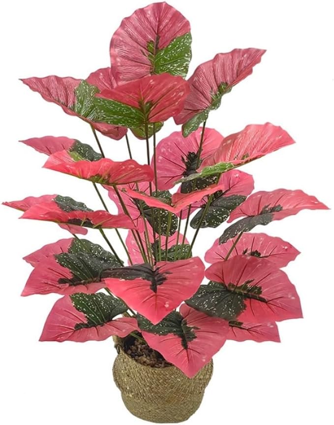 Artificial Caladium Plant with Red and Green Leaves, Red Leaf Artificial Plants Decoration Simulated Bonsai Potted Decor Home Room Party Wedding Office Floor(Rosered(No Flowerpot), 85cm)