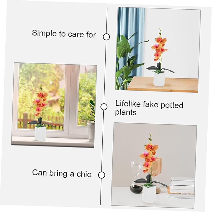 Happyyami 2pcs Artificial Moth Orchids Faux Potted Plant for Home and Office Decoration Realistic Bonsai Ornament for Living Room Garden and Desk Display Orange