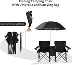 Goplus Double Camping Chair with Umbrella, Folding Loveseat Chairs w/Canopy Shade, Carrying Bag, Table, Cup Holder, Portable Beach Chairs Outdoor Picnic Patio (Black)