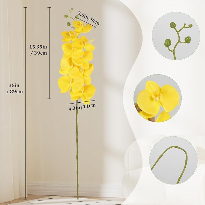 4PCS Faux Orchid Artificial Flowers, 35inch Long Stem Phalaenopsis Branches，Fake Orchid Flowers for Tall Vase Home Wedding Party Decoration (Yellow)