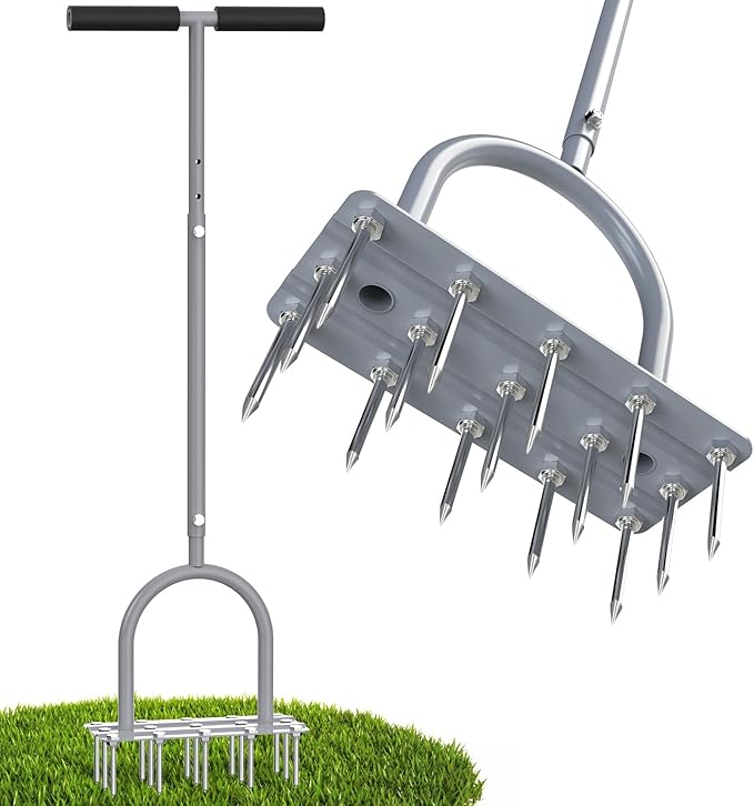 Aerator Lawn Tool Lawn Aerator -Heavy Duty Manual Grass Aerator with 15 Iron Spikes, Height Adjustable, Yard Aerator Tool for Lawn（Light Gray）
