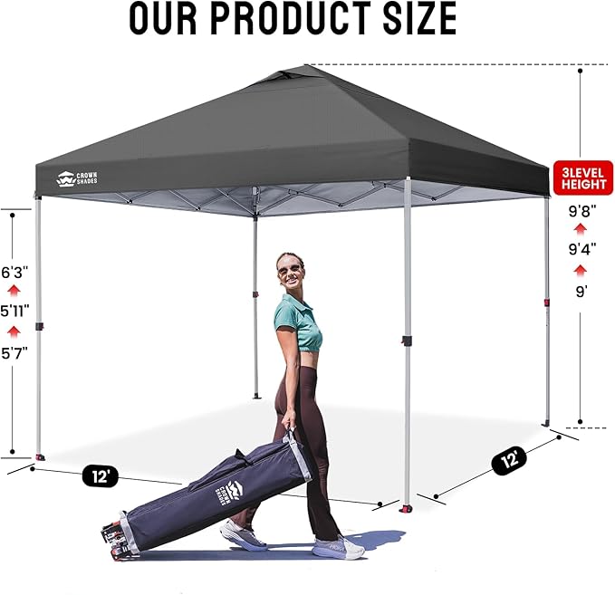 CROWN SHADES 12x12 Pop Up Canopy - Beach Tent with One Push Setup - Easy Outdoor Sun Shade Shelter for Events, Parties - Gazebo with STO-N-Go Cover Bag, Silver Coated Top, Grid Grey