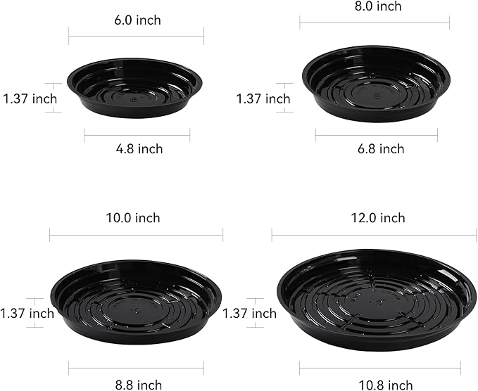 TRUEDAYS 20 Pack Black Plant Saucers – 4 Sizes (6"/8"/10"/12") Plastic Flower Pot Trays for Indoor & Outdoor Plants, Drip Trays to Protect Floors & Surfaces