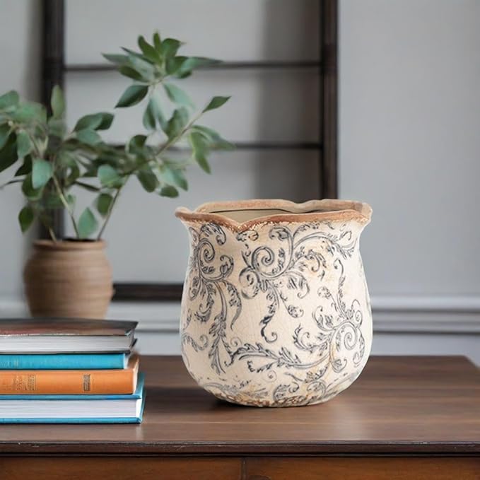 Vintage Ceramic Planter, Vintage Planter Pot with Floral Edges, Ice Crack Flower Pot with Drainge Hole Decorative Planter for Indoor and Outdoor Tuscan Decor Vase Gardening Gift