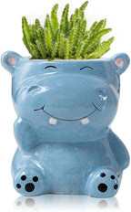 DIYOMR Cute Animals Planter, Mini Ceramic Cartoon Animal Shaped Succulent Flower Pot Indoor Air Plants Holder, Smooth Shiny Decorative Flower Cactus Planter - Plants Not Included (Hippo)