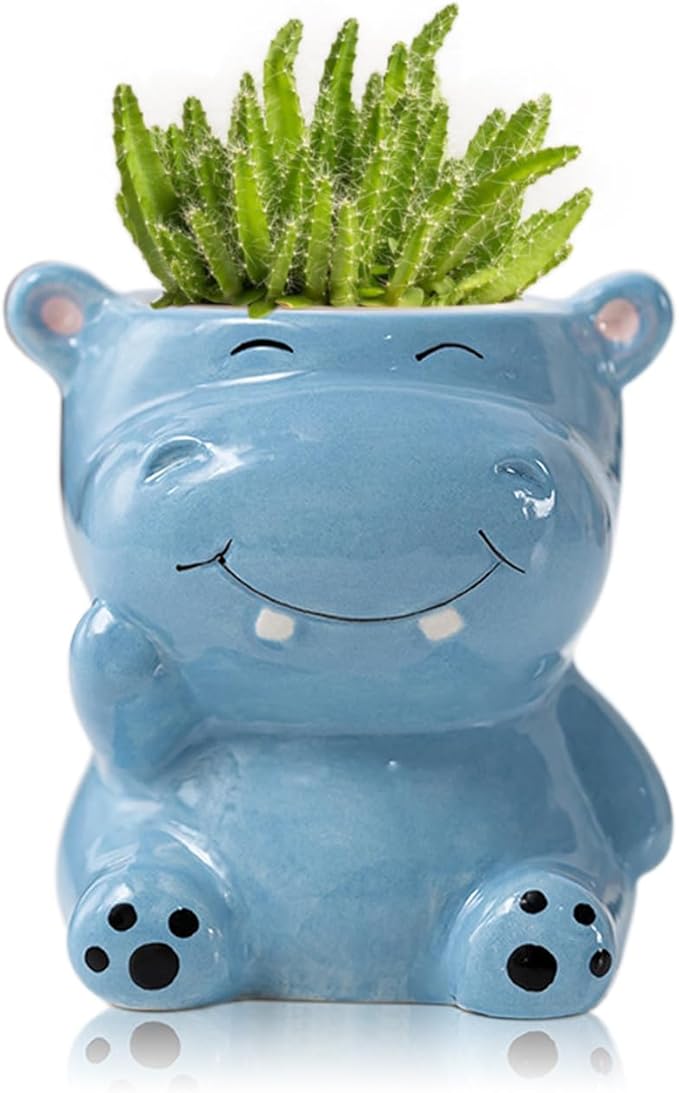 DIYOMR Cute Animals Planter, Mini Ceramic Cartoon Animal Shaped Succulent Flower Pot Indoor Air Plants Holder, Smooth Shiny Decorative Flower Cactus Planter - Plants Not Included (Hippo)