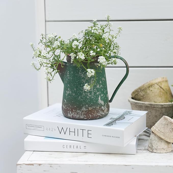 Vintage Pitcher Vase Rustic Farmhouse Vase for Flowers Vintage Metal Milk Jug Small Decorative Pitcher Shabby Chic Decor for Home, Kitchen, Bathroom, Green