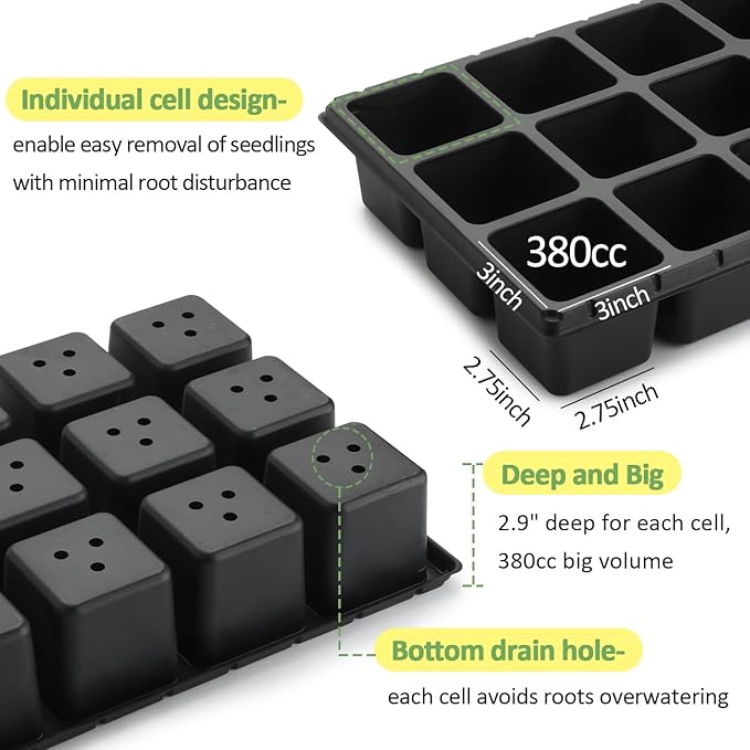 RooTrimmer 3 Inch Square Pots 2.9" Deep 18 Cell Seedling Trays with Water Collection Nursery 1020 Trays No Holes for Seeds Starting and Transplanting (20"x10",10 Sets)