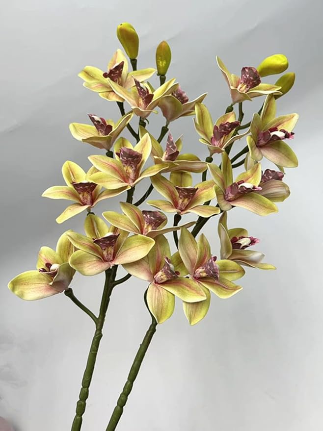 4pcs Artificial Cymbidium Orchid Flower Plant 3D Print Vanda 10 Heads Latex Phalaenopsis Flower (Green Yellow)