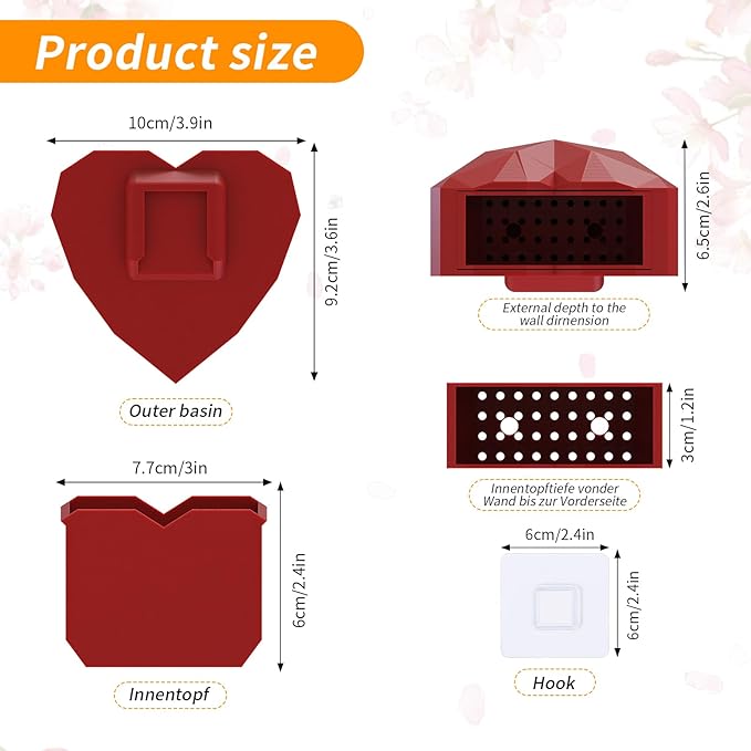 3.9In Red Heart Self-Watering Wall Planter, PLA 3D Printed No Drill Adhesive Planter with 200ml Capacity, Indoor Succulent Planter for Home Office Decor