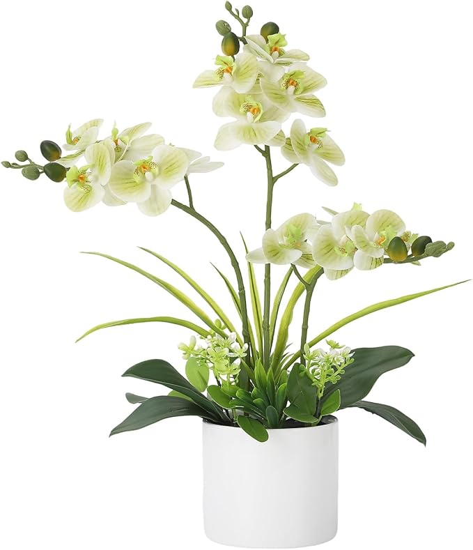 Garvee Real Touch Silk Phalaenopsis Orchid Artificial Flowers - 3 Stems Faux Orchid Bough with Vase, Lifelike Large Fake Flowers in Pot for Home Decor Living Room Bedroom Office Tabletop