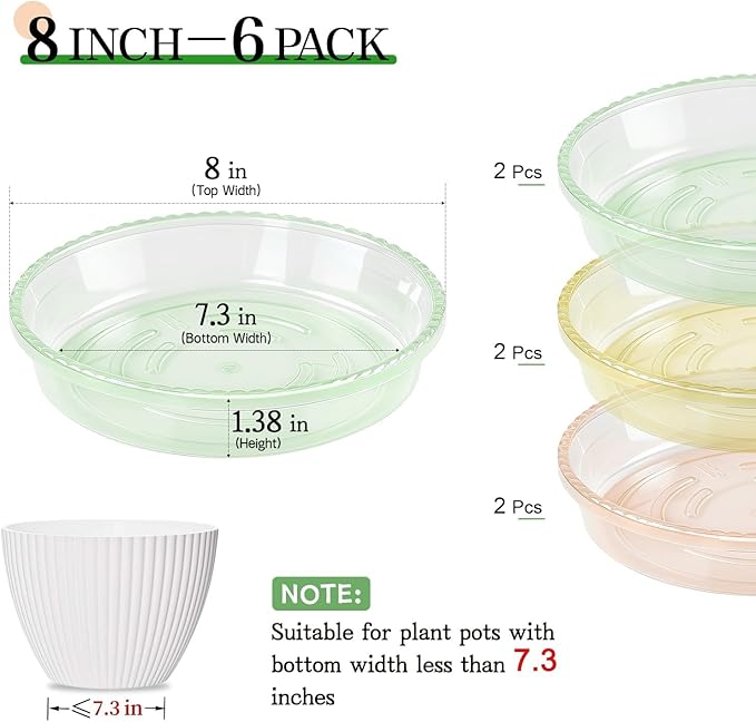 SupKing Plant Saucers Drip Tray 6 Pack 8 Inch Heavy Sturdy Plastic Flower Pot Saucers for Indoor Outdoor Planter Water Catcher Tray for Plant Pot (8''-multiple colors)