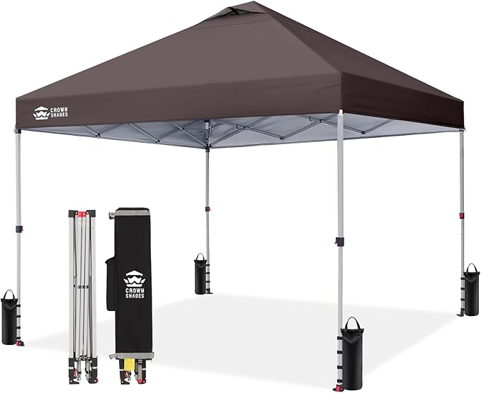 CROWN SHADES 10x10 Pop Up Canopy - Beach Tent with One Push Setup - Outdoor Sun Shade for Events, Parties, Camping - Gazebo with STO-N-Go Cover Bag, Silver Coated Top, 3 Height& 4 Sand Bags, Coffee
