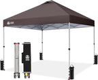 CROWN SHADES 10x10 Pop Up Canopy - Beach Tent with One Push Setup - Outdoor Sun Shade for Events, Parties, Camping - Gazebo with STO-N-Go Cover Bag, Silver Coated Top, 3 Height& 4 Sand Bags, Coffee