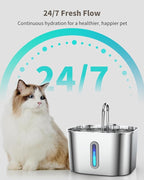 Cat Water Fountain Stainless Steel with 4 Filters & 4 Sponges, 74oz/2.2L Cat Fountain with Quiet Pump, Automatic Pet Water Dispenser, Ideal for Multi-pet Homes, Fresh & Clean Water for Cats and Dogs
