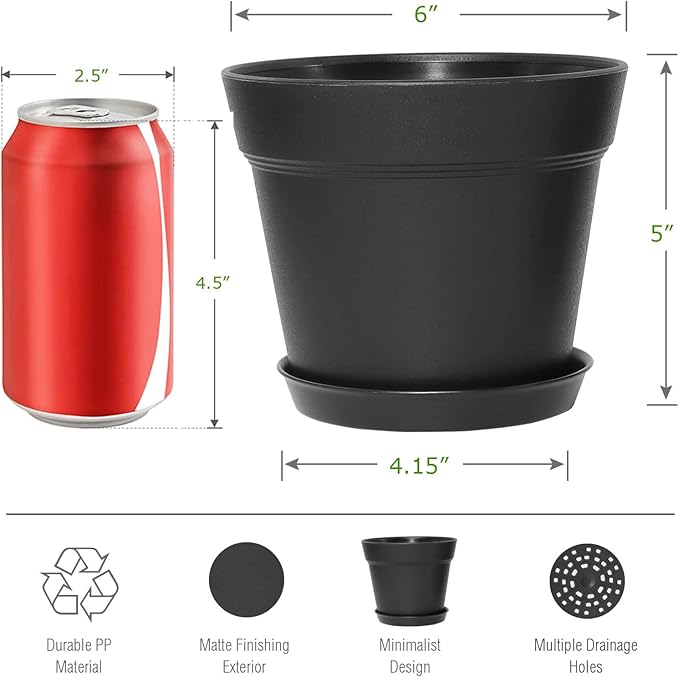 WOUSIWER 16 Pack 6 inch Plastic Planters for Indoor Flower Pots, Heavy Duty and Stylish 6 Inch Plant Pots for Indoor Plants with Drainage Holes and Tray for Plants, Flowers, Black