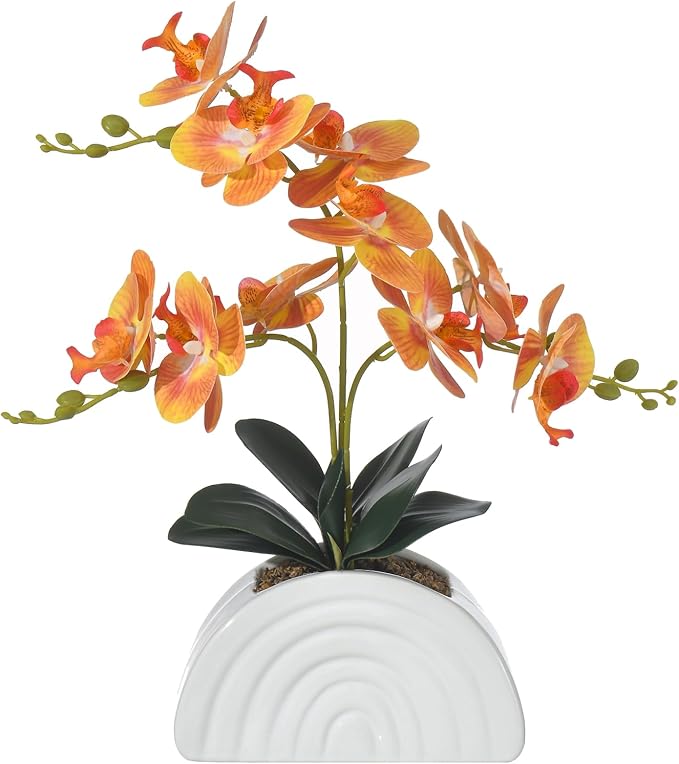 Fake Orchid Plant in White Rainbow Pot, Artificial Silk Phalaenopsis Orchid Flowers for Home Décor, Table Centerpiece, Office Desk (Orange)