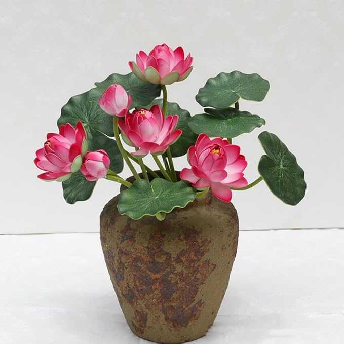 2Pcs Artificial Lotus Flower Decor, 12.5inch 7 Head Water Lilies, Outdoor Pond Plants, Silk Artificial Flower Lotus, Household Living Room and Dining Table Decoration (Red)
