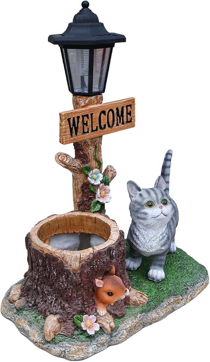 Animal Outdoor Statue Planter Solar Light Welcome Garden Sculpture Resin Flower Pot Decorative Porch Patio Yard Lawn Entryway Figurine with LED Lamp Rustic Plant Holder Ornament Courtyard (C)