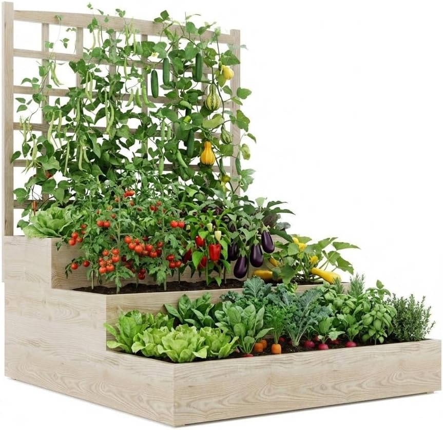 PeakPursuit 3 Tier Raised Garden Bed with Trellis, Outdoor Wood Raised Bed with Climbing Trellis,Open Base Garden Planter Bed for Vegetables Herbs, Outdoor Patio Yard Garden