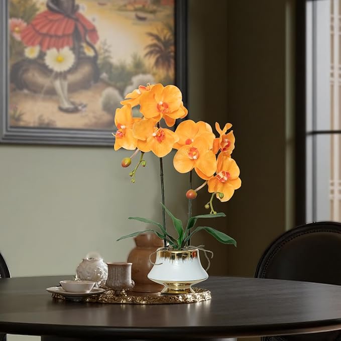 CXGS Orchids Artificial Flowers Realistic Fake Flowers in Ceramic Vase 20" Orange Faux Plants Indoor Lifelike Soft PU Phalaenopsis for Centerpiece Hotel Home Decor
