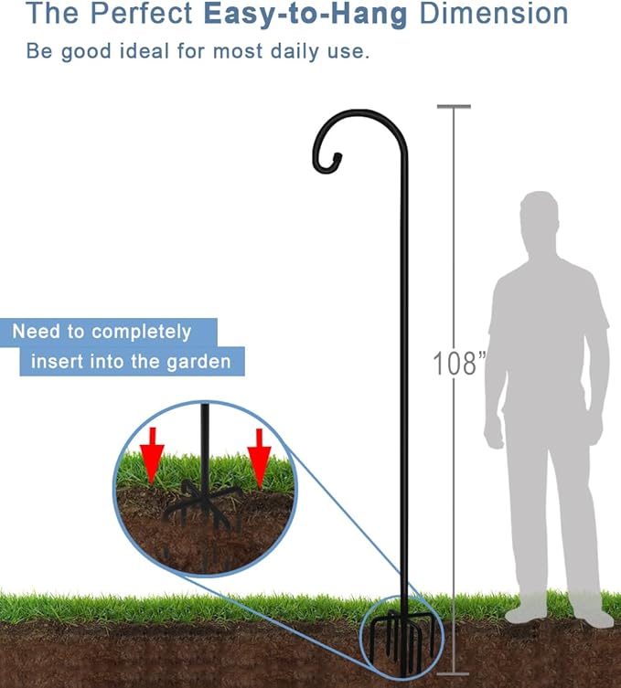 Artigarden 108 inch Outdoor Shepherd Hook with 7 Prong Base (1 Pack), Adjustable Heavy Duty Garden Hanging Stake for Bird Feeder Solar Light Plant Hanger Wedding Decor, Matte Black