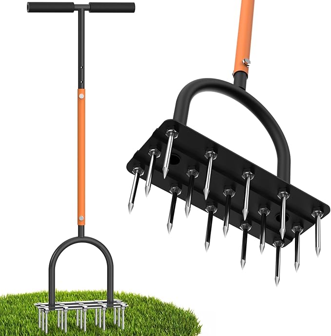 Aerator Lawn Tool Lawn Aerator -Heavy Duty Manual Grass Aerator with 15 Iron Spikes, Height Adjustable, Yard Aerator Tool for Lawn（Orange）