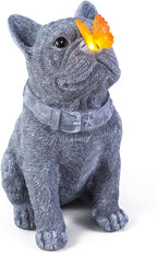 Solar French Bulldog Garden Statue with Butterfly, Outdoor Frenchie Sculpture Decor for Patio, Yard & Lawn, Unique French Bulldog Gifts & Dog Memorial Statue,10 Inch, Resin (Grey Stone)