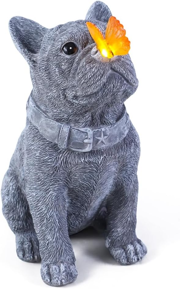 Solar French Bulldog Garden Statue with Butterfly, Outdoor Frenchie Sculpture Decor for Patio, Yard & Lawn, Unique French Bulldog Gifts & Dog Memorial Statue,10 Inch, Resin (Grey Stone)