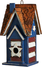Glitzhome 12.25" H Patriotic Solid Wood Hanging Birdhouse for Outside, Decorative Pet Cottage Villa Distressed Wooden Bird House with 3D Star for Garden Patio Backyard