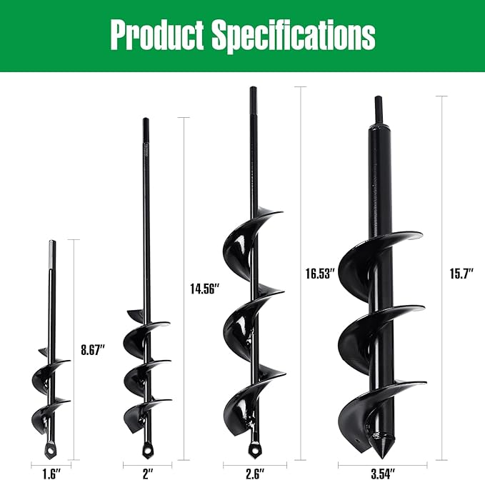 Auger Drill Bit for Planting 4 Pack, Garden Ground Earth Spiral 3/8" Hex Drive Drill, Easy Bulb Post Hole Digger Flowers, Metal Bedding Digging Plant Rapid Planter Tool