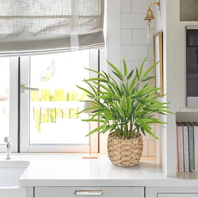 GnFlus Artificial Bamboo Tree Plant 19 inch Tall Potted Fake Bamboo Plant-Faux Bamboo Tree in Woven Pot for Farmhouse Home, Office, Kitchen, Counter Top, Indoor Decor, Money Tree, Lucky Bamboo Tree