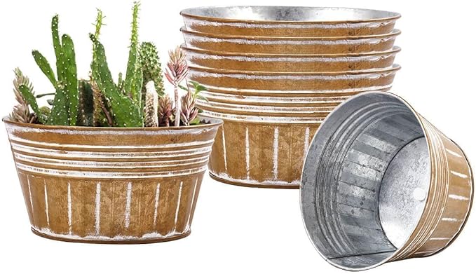 vensovo 8 Inches Brown Metal Rustic Plant Pots - 6Pcs Shallow Galvanized Planters with Drain Hole and Rubber Plug, Rustproof Tin Bucket Succulent Pot Indoor Farmhouse Vintage Style for Decor