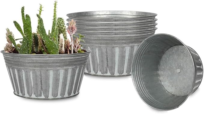 vensovo 8 Inches Silver Metal Rustic Plant Pots - 6Pcs Shallow Galvanized Planters with Drain Hole and Rubber Plug, Rustproof Tin Bucket Succulent Pot Indoor Farmhouse Vintage Style for Decor