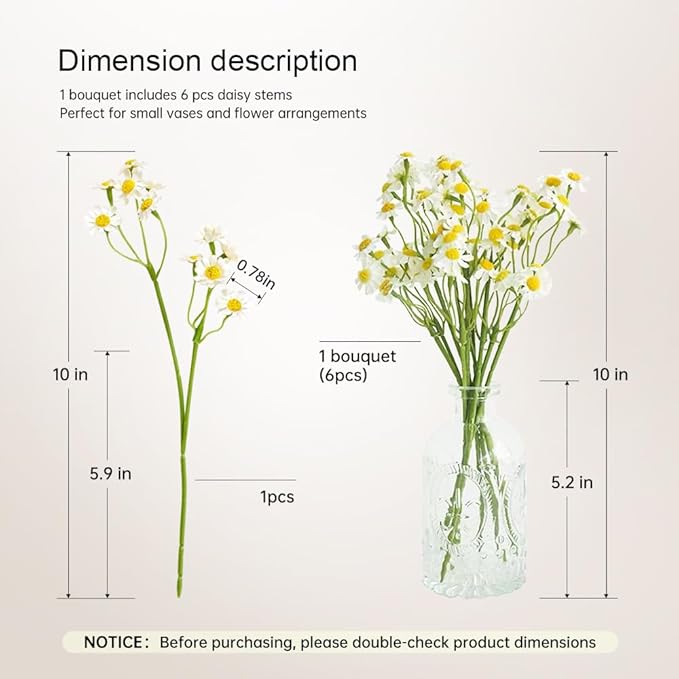 Small White Daisy Flowers Artificial,2 Bouquet/12Pcs 10 Inch Fake Daisies,Spring Wild Flower for Party Decor (Vase Not Included)